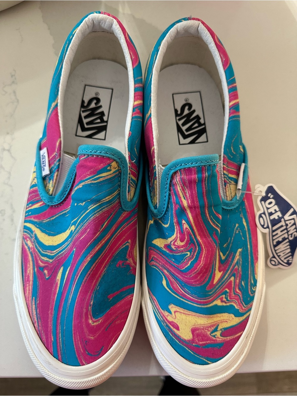 Vans men's' Slip-On Marble Print Sneakers - Teal/Pink/Yellow